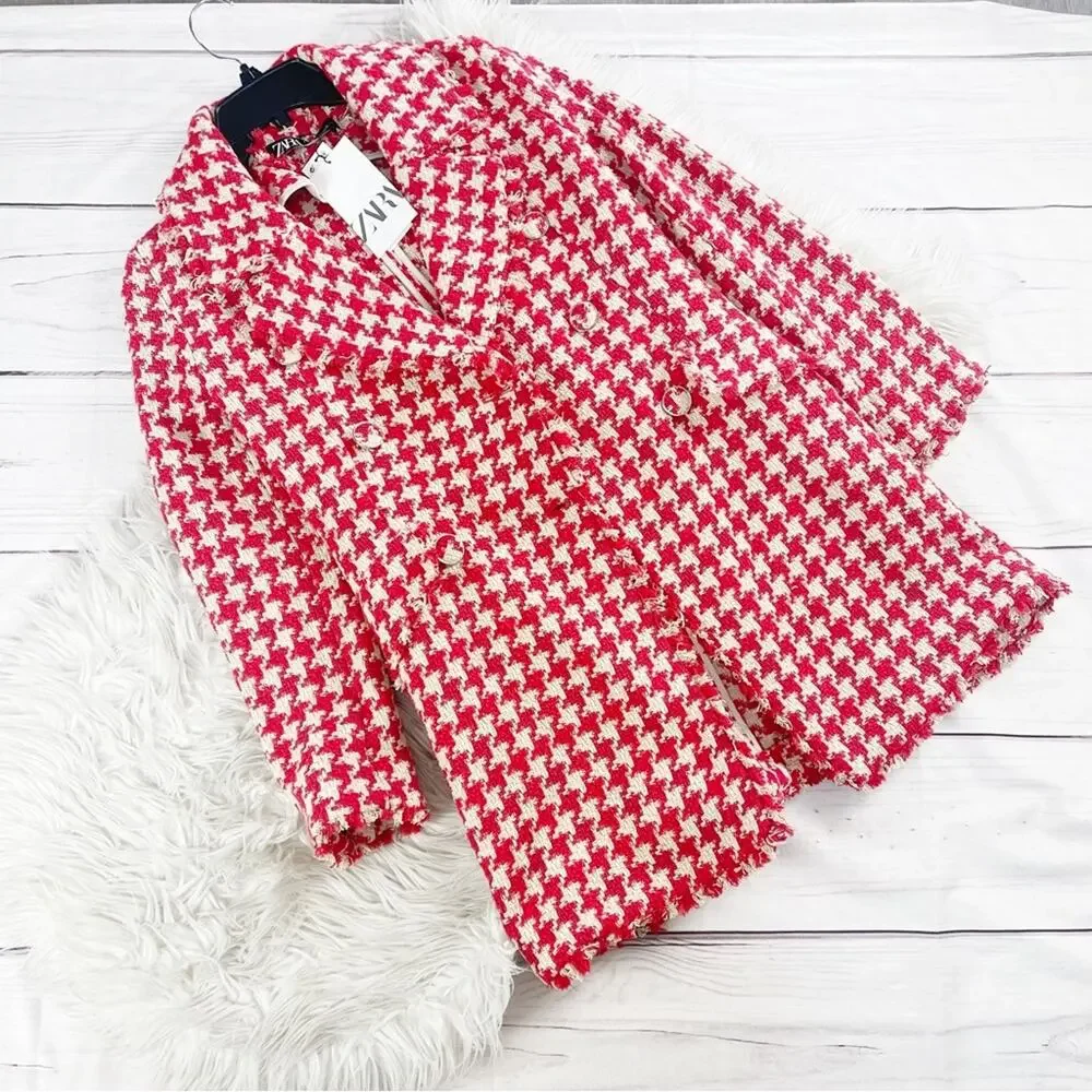 Zara Houndstooth Women's Tweed Textured Lapel Collar Coat Jacket‎ in Red Size XS